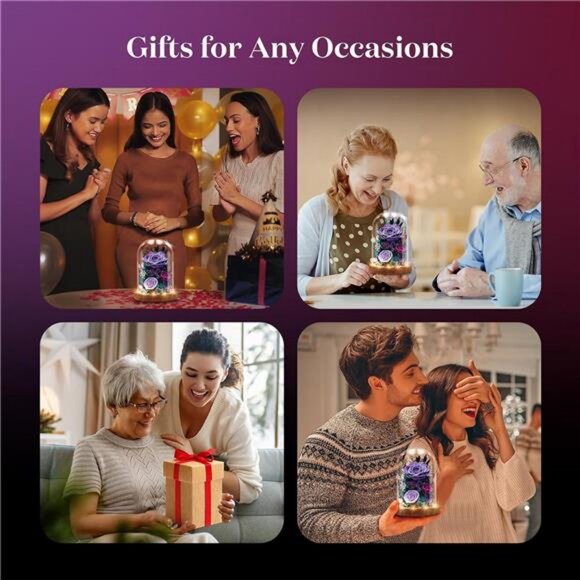 Forever Fresh Rose Flower Bouquet in Glass Dome, Preserved Purple Flowers - Picture 5 of 7